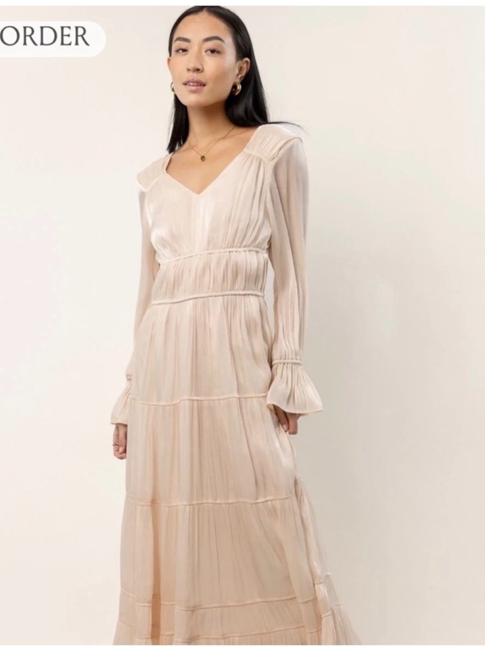 bohme Cream Tiered Midi Dress with Long Sleeves